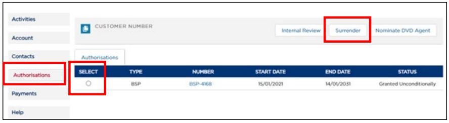 'Surrender' button in industry portal